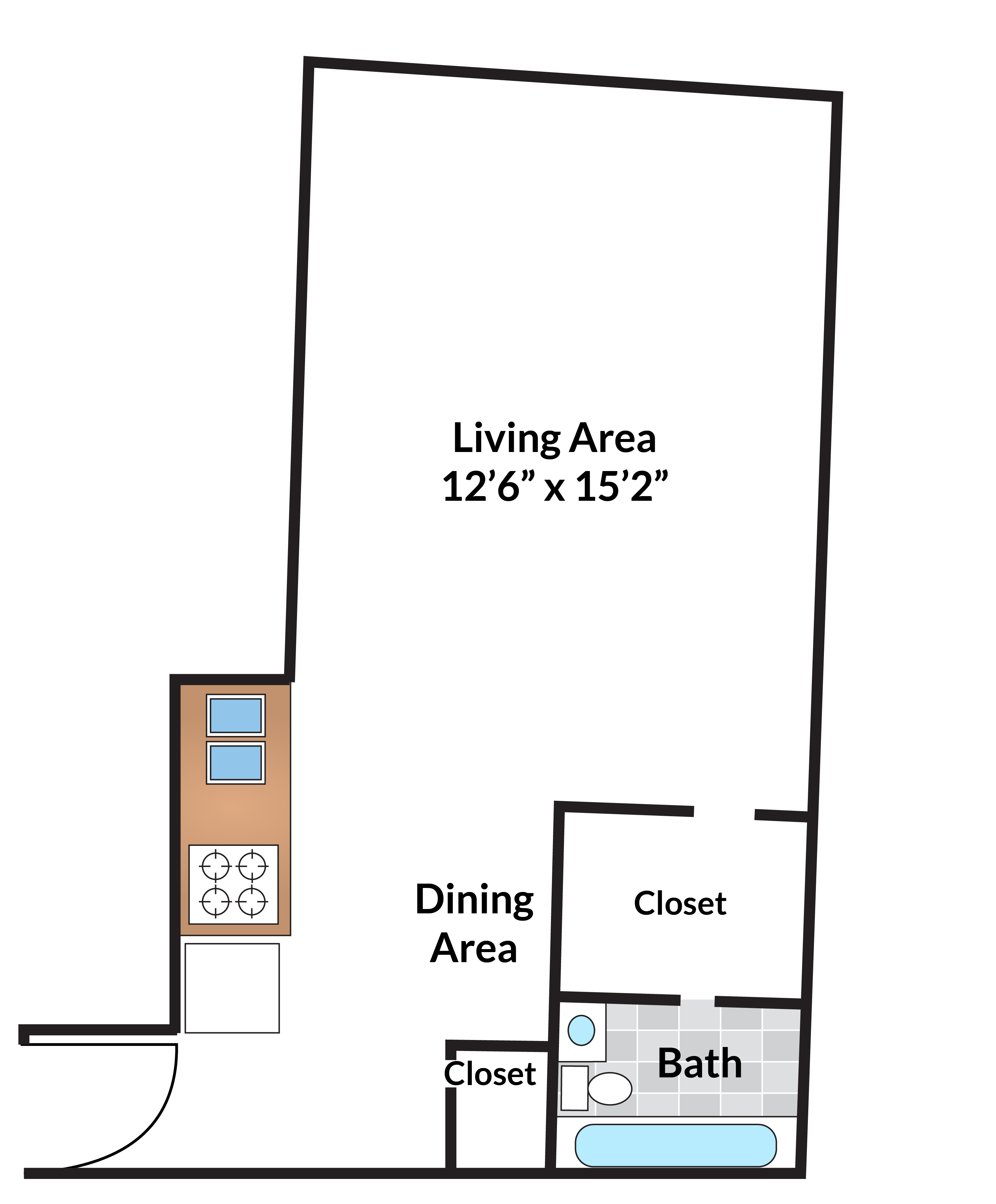 Floor plan for studio, 1 bath, 416 sqft